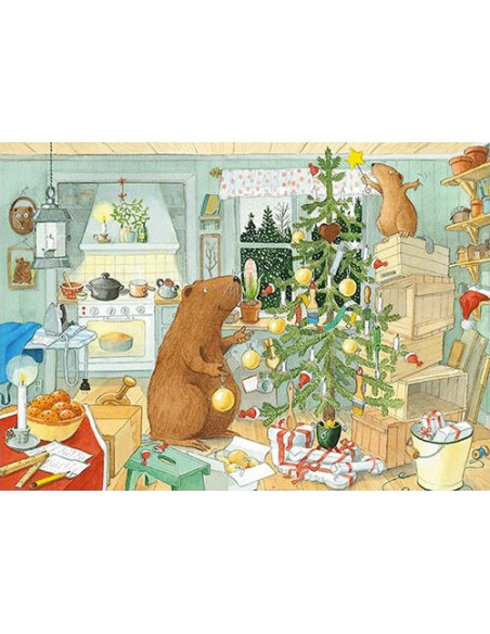 Ansichtkaart kerstboom optuigen K. Hjelm